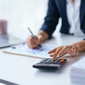 Close-up of the hands of a business woman using a calculator to check financial accounts check the c